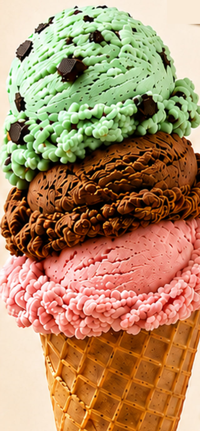 A three-scoop waffle cone with mint chocolate chip, chocolate and strawberry ice cream
