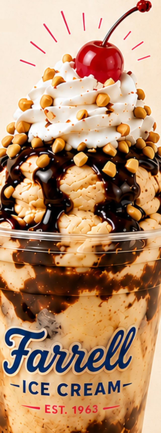 A Farrell Ice Cream cup sundae with hot fudge, peanut butter chips, whipped cream and a cherry
